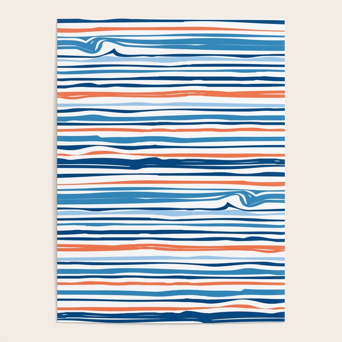 Modern Abstract Ocean Wave Stripes In Classic Blues And Orange Poster