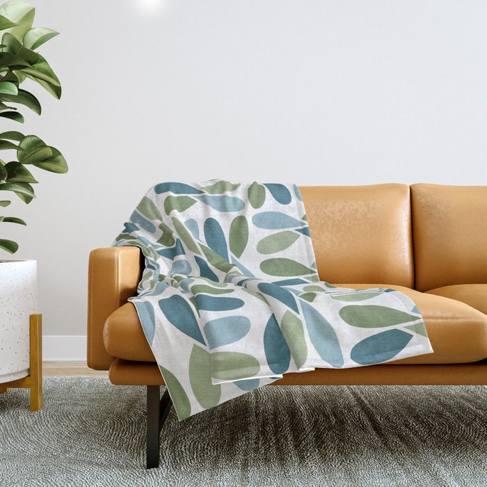 Retro Mid Century Modern Abstract Leaf Pattern Teal Blue Dill Green Throw Blanket