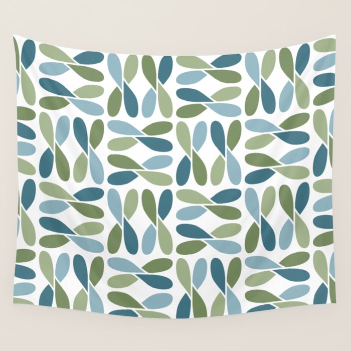 Retro Mid Century Modern Abstract Leaf Pattern Teal Blue Dill Green Wall Tapestry