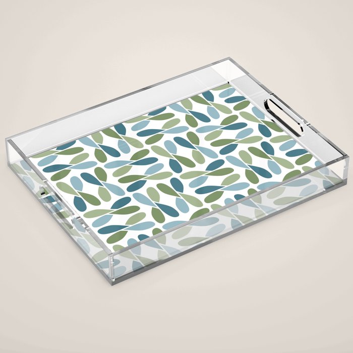 Retro Mid Century Modern Abstract Leaf Pattern Teal Blue Dill Green Acrylic Tray