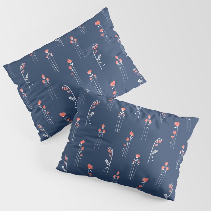 Retro Dark Flower Pattern In Modern Navy And Coral Pillow Sham