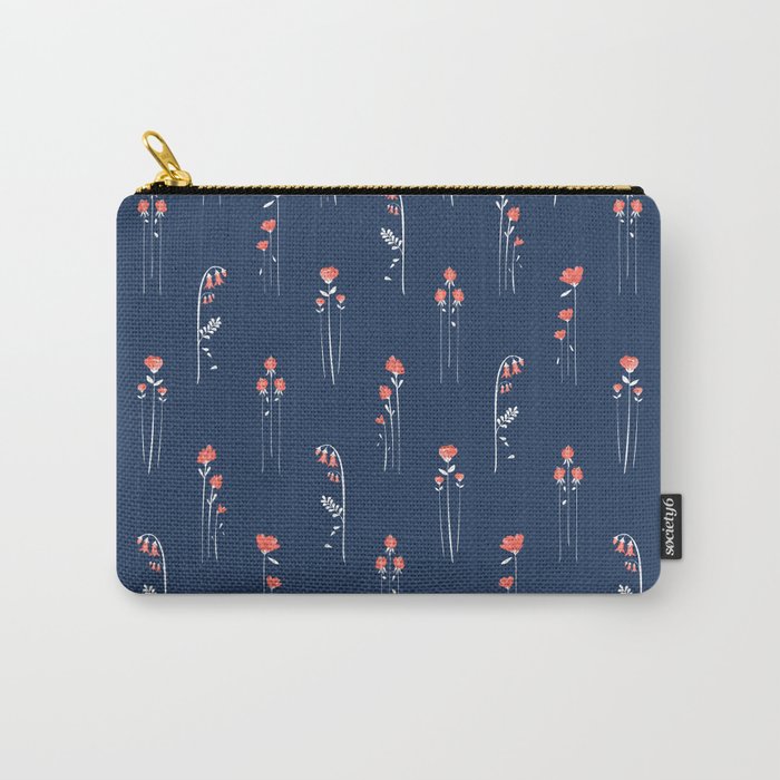 Retro Dark Flower Pattern In Modern Navy And Coral Carry All Pouch
