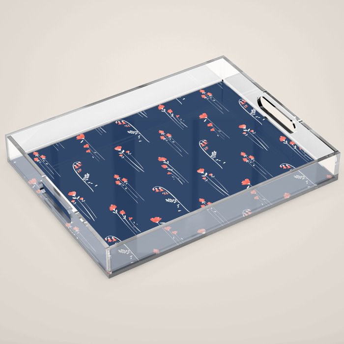 Retro Dark Flower Pattern In Modern Navy And Coral Acrylic Tray