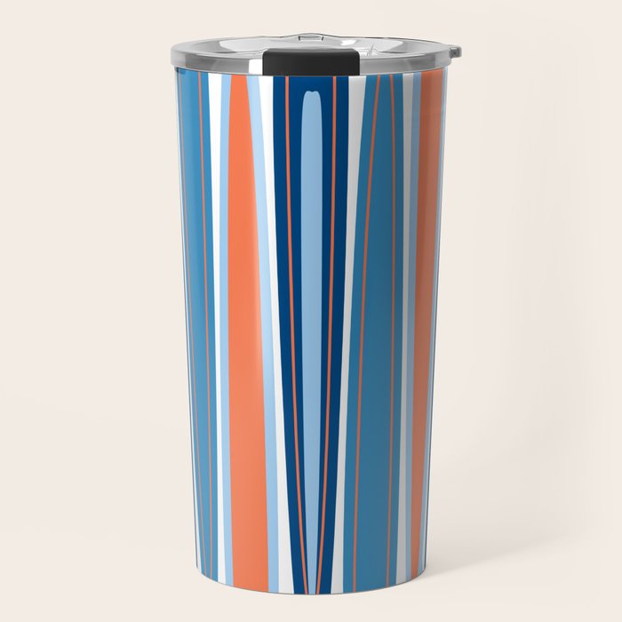 Mid Century Modern Vintage Inspired Stripes In Classic Blues And Muted Orange Travel Mug