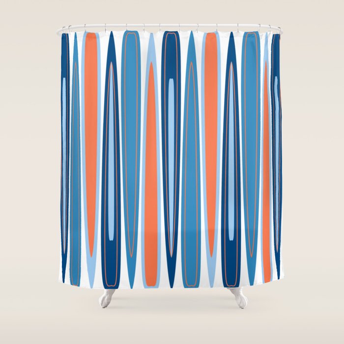 Mid Century Modern Vintage Inspired Stripes In Classic Blues And Muted Orange Shower Curtain