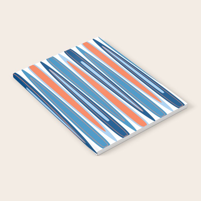 Mid Century Modern Vintage Inspired Stripes In Classic Blues And Muted Orange Notebook