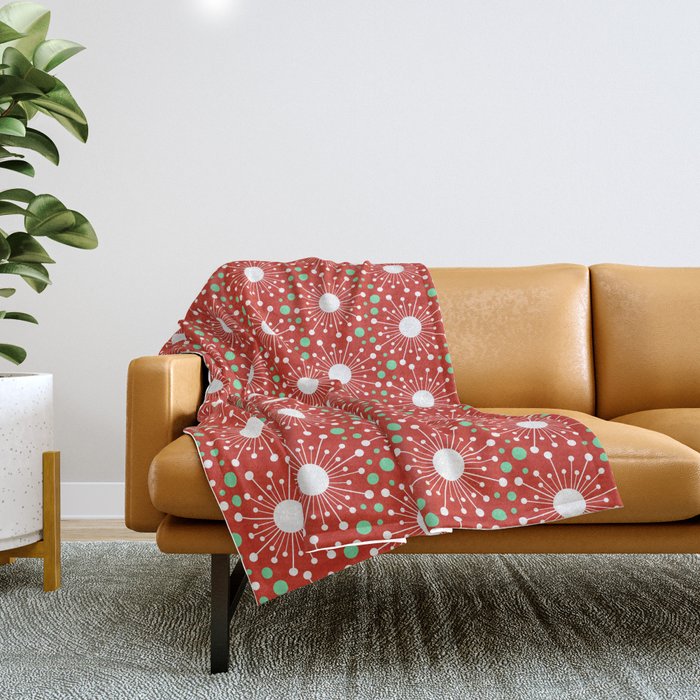 Christmas Holiday Midcentury Modern Atomic Snowflakes In Red Green And White Throw Blanket
