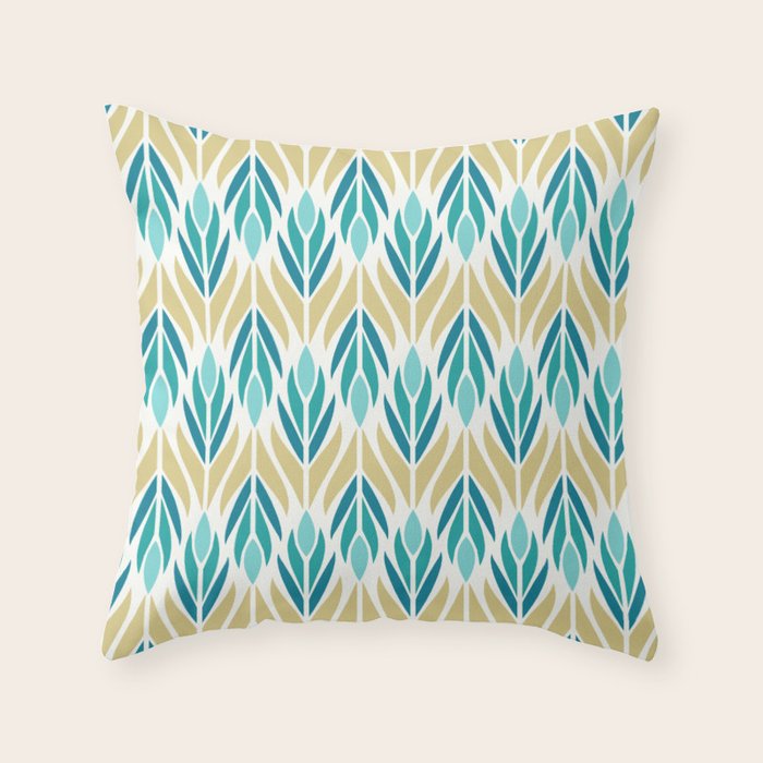 Mid Century Modern Abstract Floral Pattern In Turquoise Teal Aqua And Marigold Throw Pillow