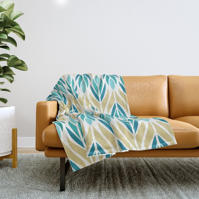 Mid Century Modern Abstract Floral Pattern In Turquoise Teal Aqua And Marigold Throw Blanket