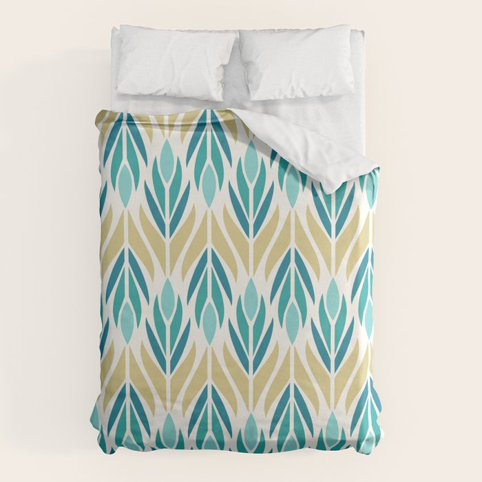 Mid Century Modern Abstract Floral Pattern In Turquoise Teal Aqua And Marigold Duvet Cover