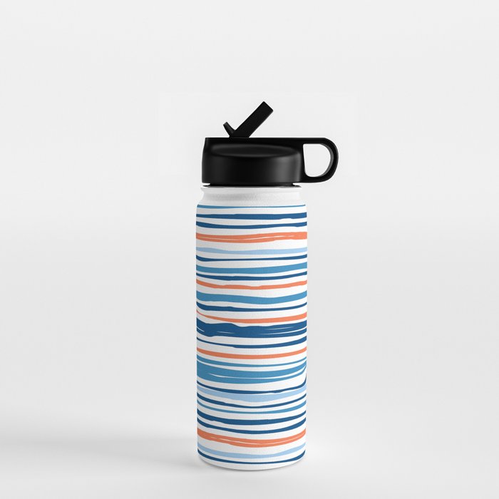 Modern Abstract Ocean Wave Stripes In Classic Blues And Orange Water Bottle