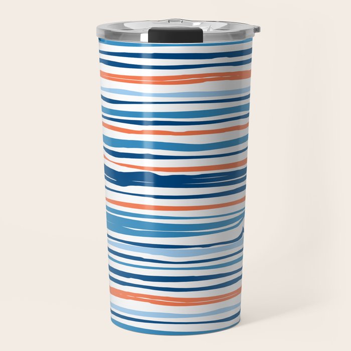 Modern Abstract Ocean Wave Stripes In Classic Blues And Orange Travel Mug