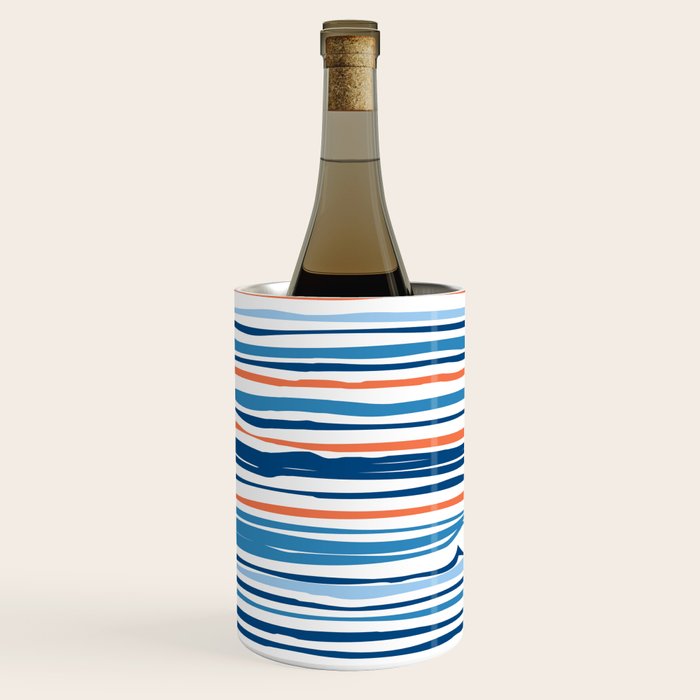 Modern Abstract Ocean Wave Stripes In Classic Blues And Orange Wine Chiller