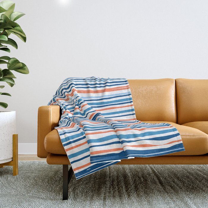 Modern Abstract Ocean Wave Stripes In Classic Blues And Orange Throw Blanket