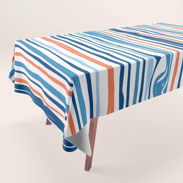 Modern Abstract Ocean Wave Stripes In Classic Blues And Orange Tablecloth