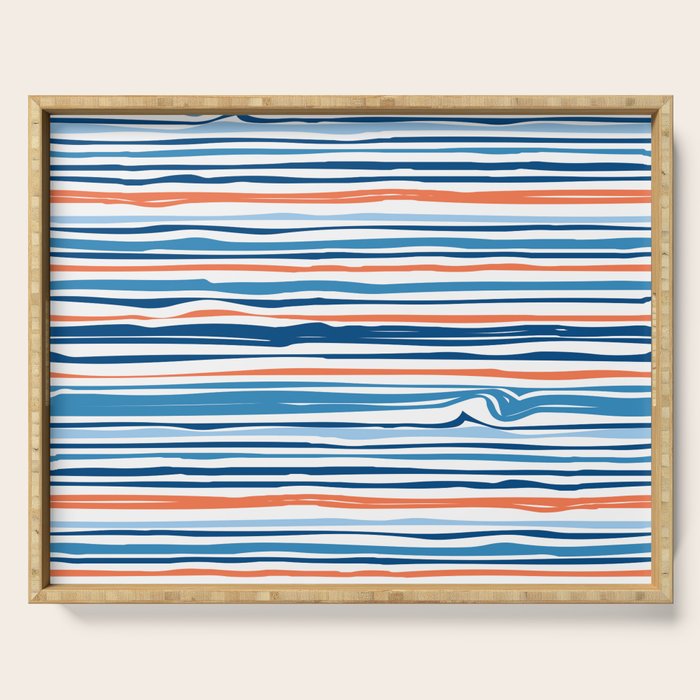 Modern Abstract Ocean Wave Stripes In Classic Blues And Orange Serving Tray