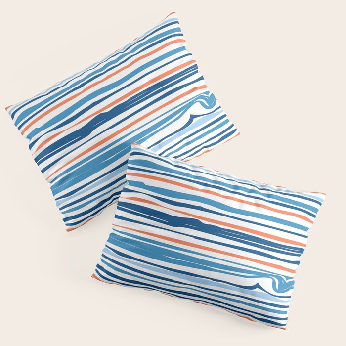 Modern Abstract Ocean Wave Stripes In Classic Blues And Orange Pillow Sham