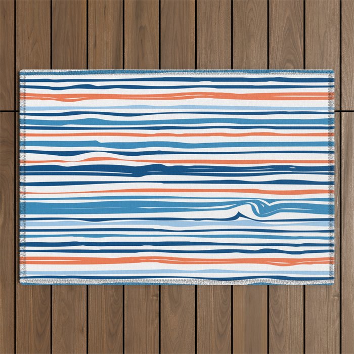 Modern Abstract Ocean Wave Stripes In Classic Blues And Orange Outdoor Rug