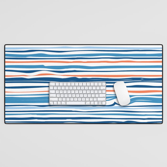 Modern Abstract Ocean Wave Stripes In Classic Blues And Orange Desk Mat
