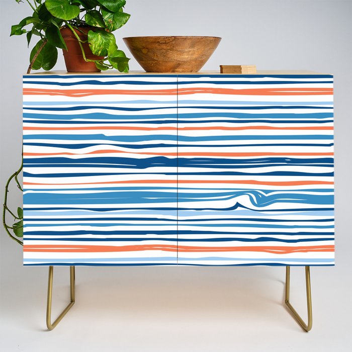 Modern Abstract Ocean Wave Stripes In Classic Blues And Orange Credenza