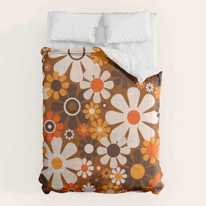 Retro Garden Flowers Groovy 1970s Floral Pattern In 70s Brown And Orange Comforter