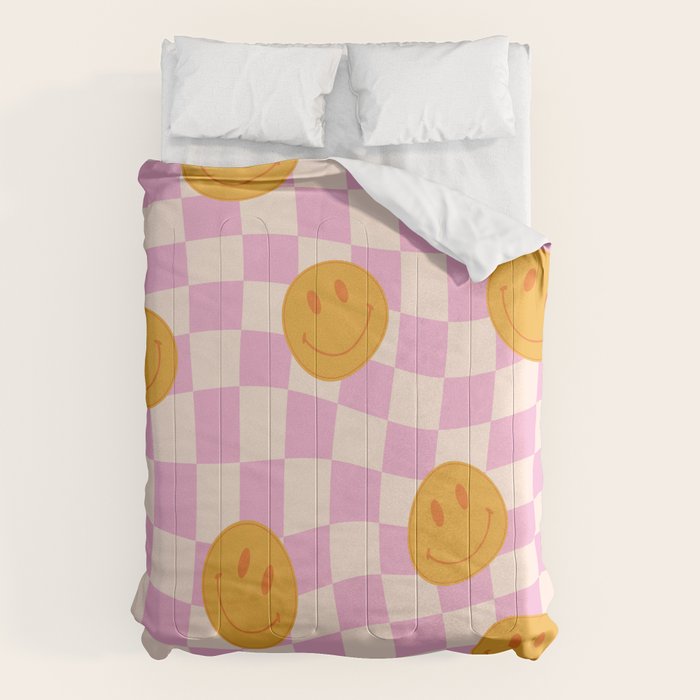 Groovy Smiley Faces On Pastel Pink Twisted Checkerboard Comforter
