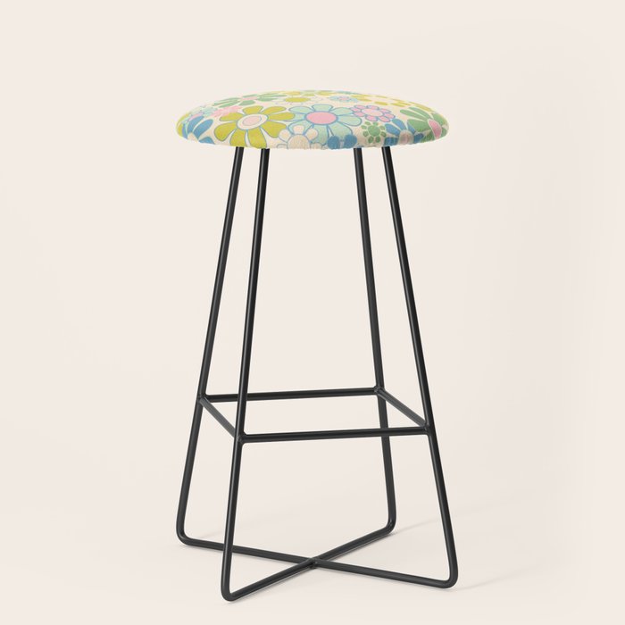 Retro Garden 60s 70s Pastel Floral Pattern On Cream Stool
