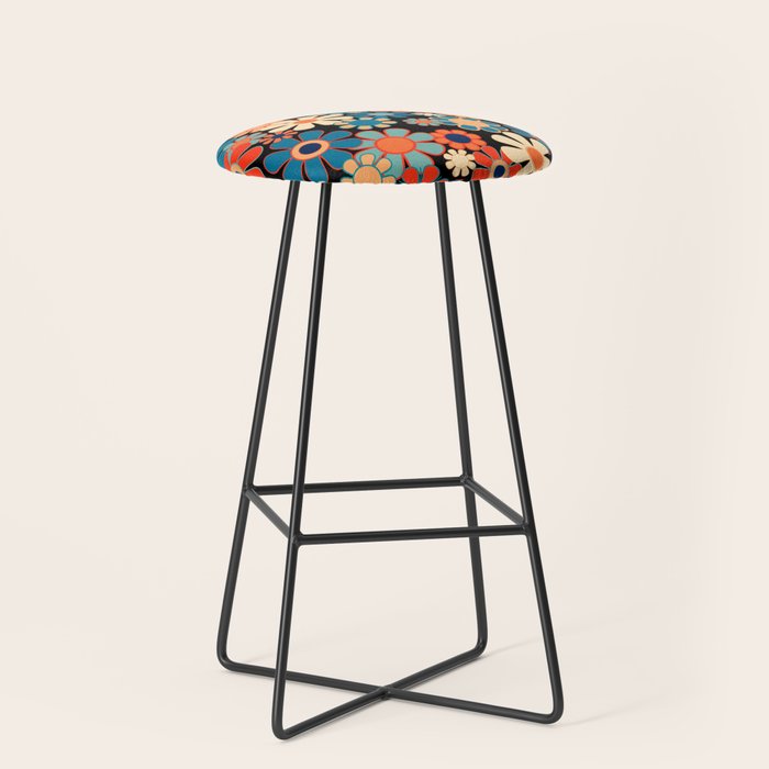 Retro Garden Night Flowers Vintage Style Floral Pattern Blue Orange Black Stool