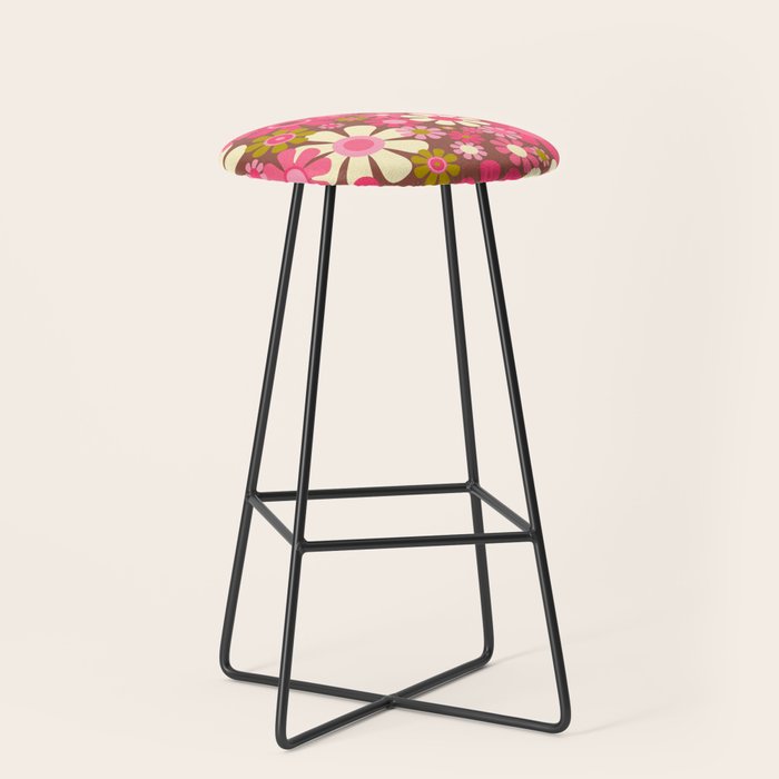 Groovy Retro Floral Garden 60s 70s Pattern In Pink Avocado Brown  Stool