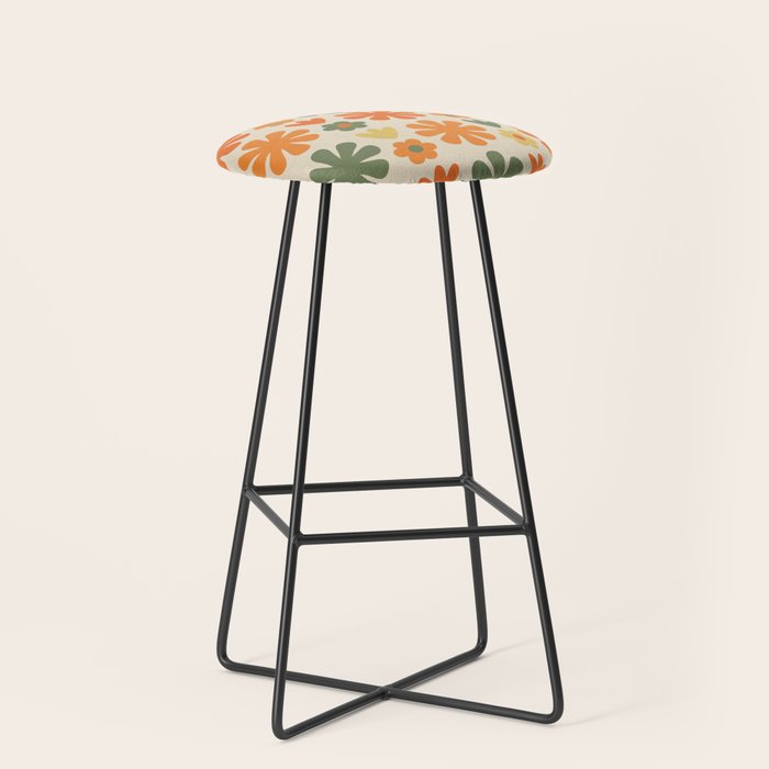 Retro Flowers Scandi Floral Grid Pattern In Mossy Olive Green Orange Mustard Stool