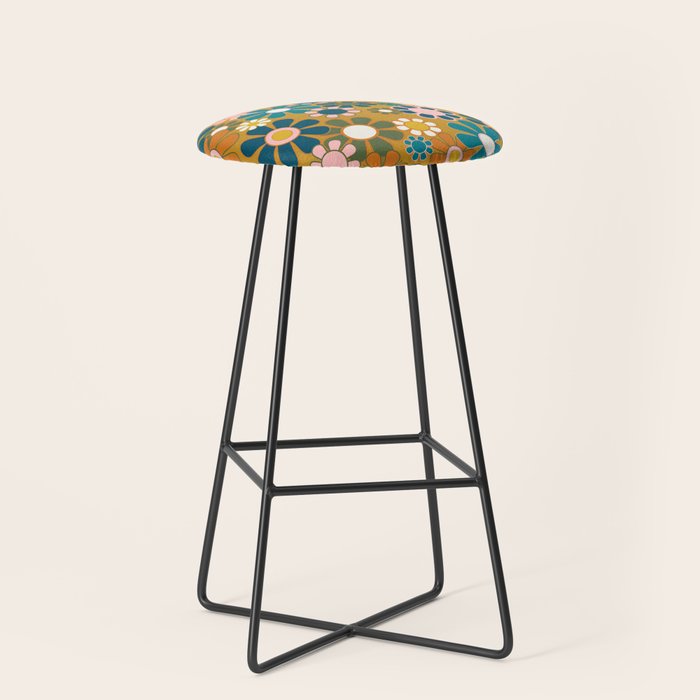 Pretty Groovy Retro Garden 60s 70s Aesthetic Floral Pattern Ochre Teal Olive Pink Stool