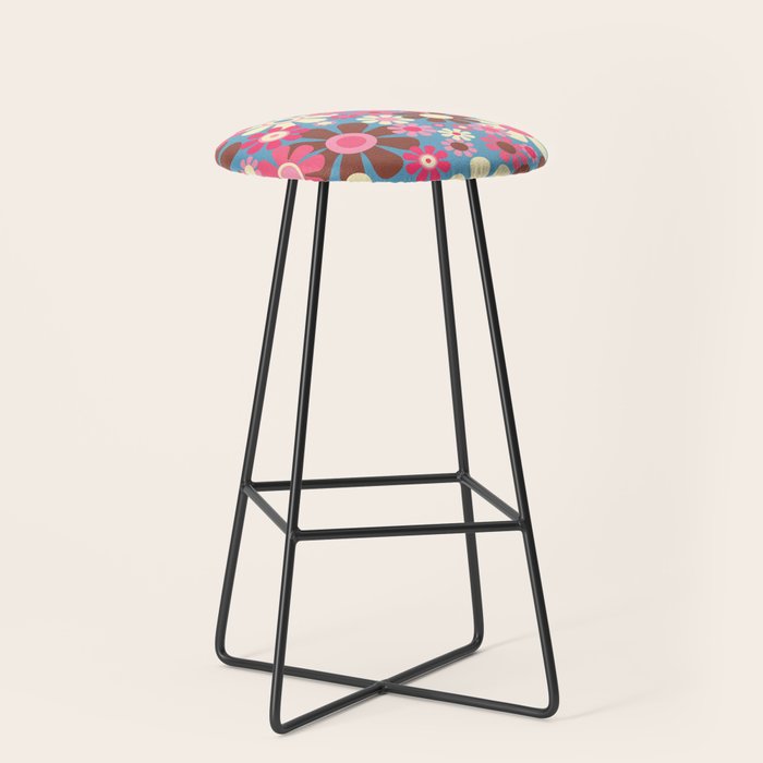 Groovy Retro Floral Garden 60s 70s Pattern In Cheerful Pink Brown And Blue Stool