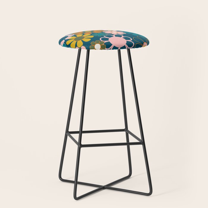 Pretty Groovy Retro Garden Floral Pattern Blue Pink Orange Olive 2 Stool