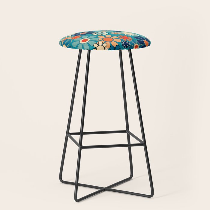 Groovy Retro Garden Flowers 60s 70s Floral Pattern In Blue And Orange Stool