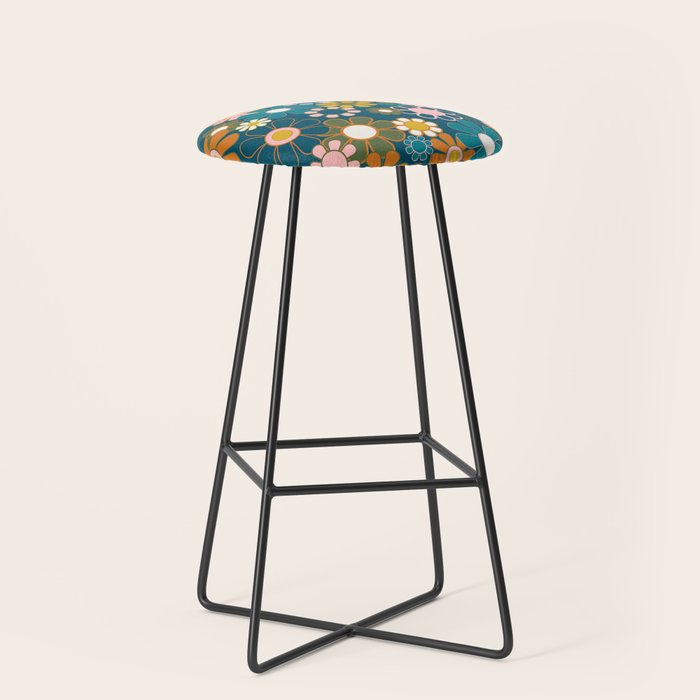 Pretty Groovy Retro Garden Floral Pattern Blue Pink Orange Olive Stool