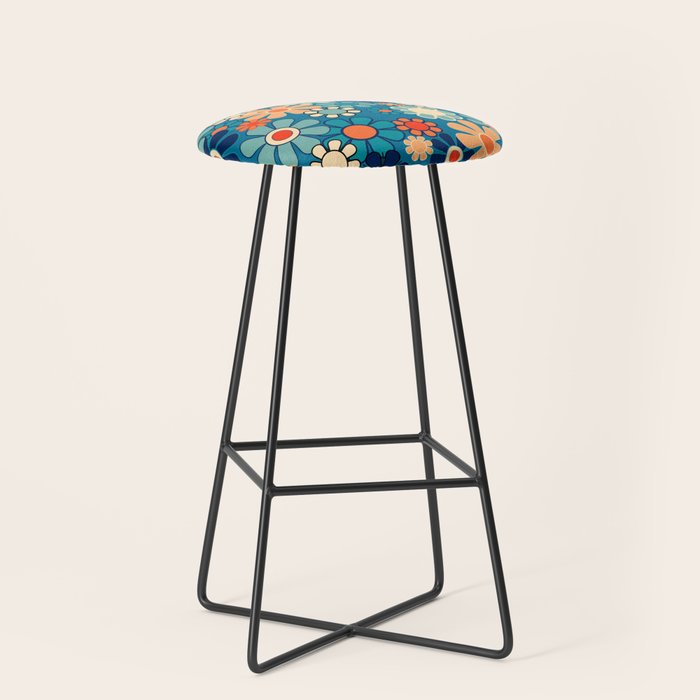 Groovy Blue Retro Garden 60s 70s Aesthetic Floral Pattern With Orange Stool