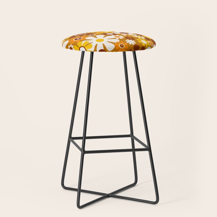 Retro Garden Flowers Groovy 60s 70s Floral Pattern Ochre Yellow Orange Brown Stool