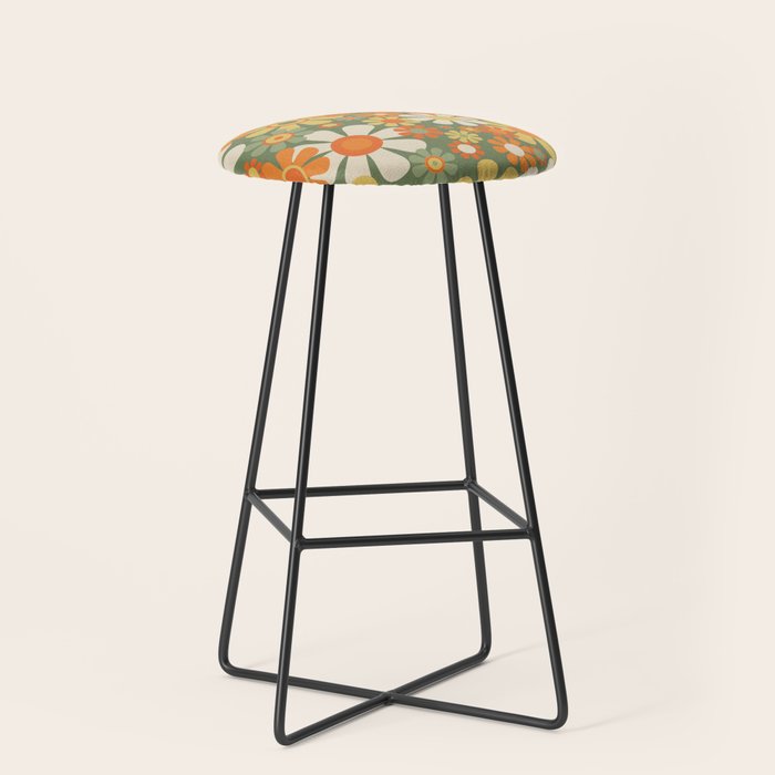 Retro Garden Flowers Groovy 60s 70s Floral Pattern In Mossy Sage Green Orange Yellow Stool