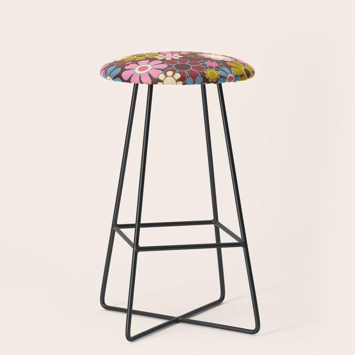 Groovy Retro Garden 60s 70s Eclectic Floral Pattern On Brown Stool