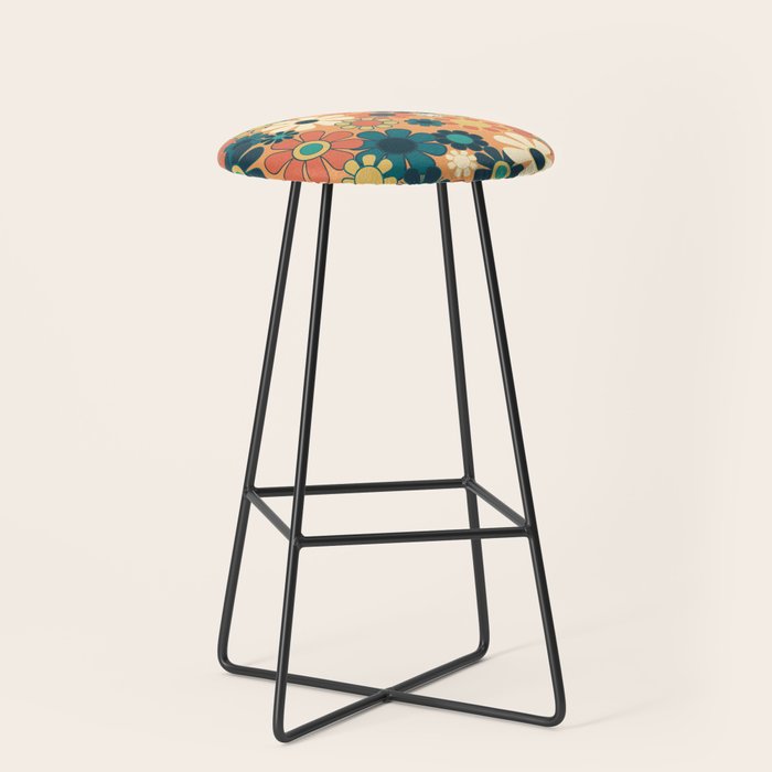Pretty Groovy Retro Garden 60s 70s Aesthetic Floral Pattern In 1970s Orange Teal Blue And Yellow Stool