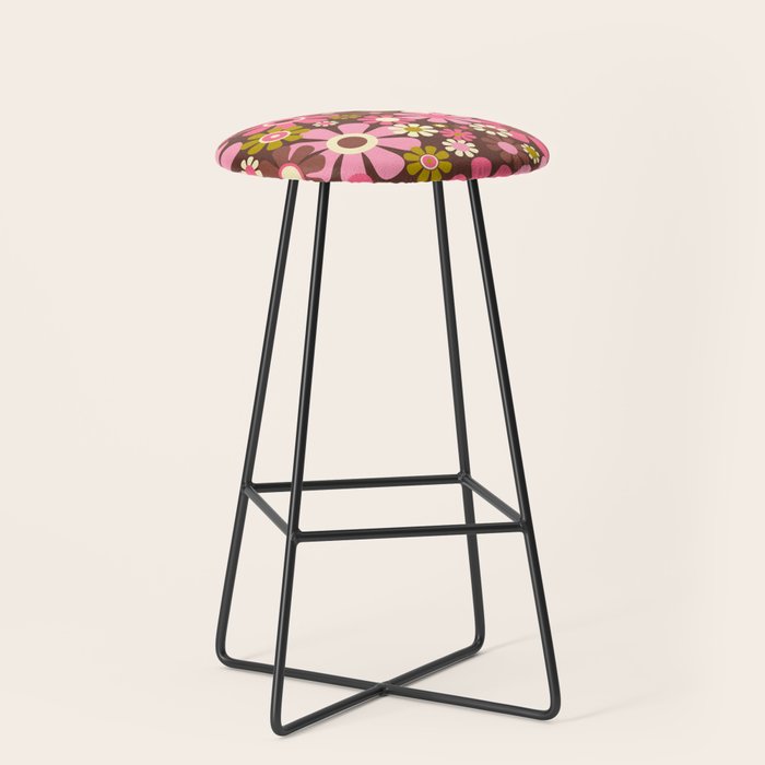 60s 70s Retro Floral Garden Cheerful Flower Pattern In Brown Pink Avocado Stool