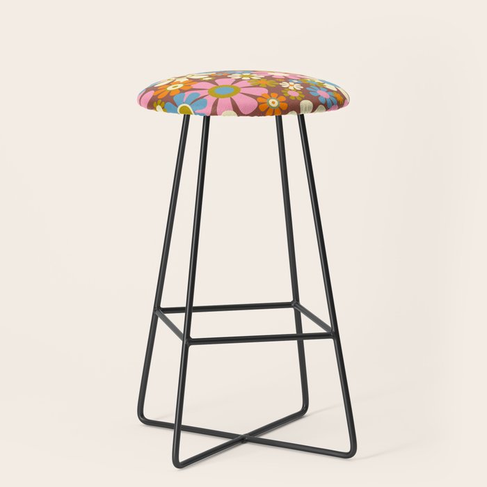 Cheerful Groovy Retro Garden Flowers 60s 70s Floral Pattern Stool