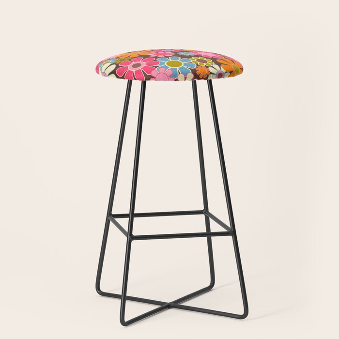 Groovy Retro Garden 60s 70s Multicolored Pink Floral Pattern On Brown Stool