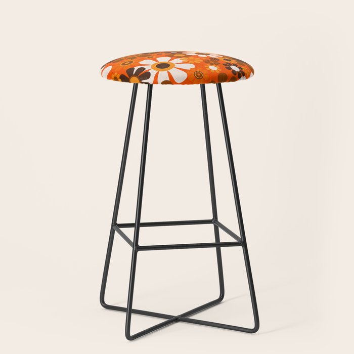 Retro Garden Flowers Groovy 1970s Floral Pattern In 70s Orange And Brown Stool