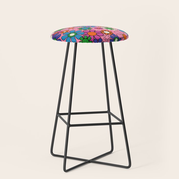 Groovy Retro Garden Colorful 60s 70s Pink Floral Pattern Stool