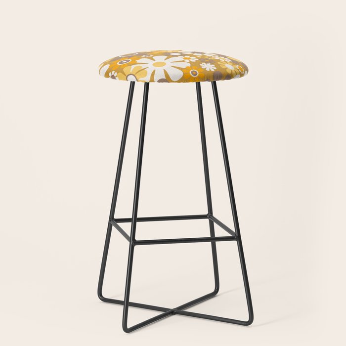 Retro Garden Flowers Groovy 60s 70s Floral Pattern In Ochre Yellow Orange Stool