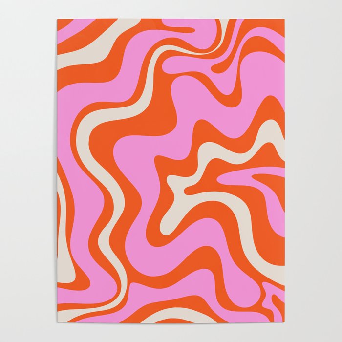 Retro Liquid Swirl Abstract Pattern Bright Pink Orange Cream Poster