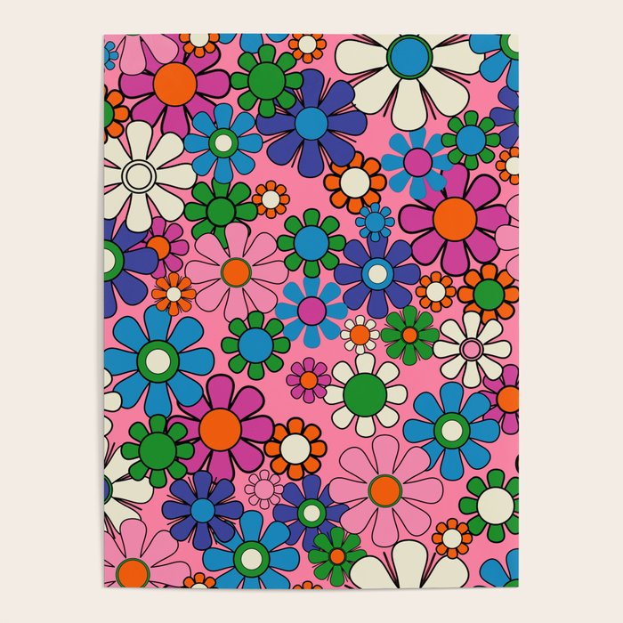 Groovy Retro Garden Colorful 60s 70s Pink Floral Pattern Poster