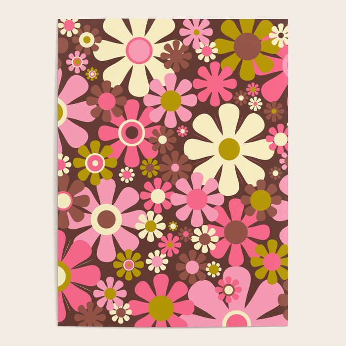60s 70s Retro Floral Garden Cheerful Flower Pattern In Brown Pink Avocado Poster