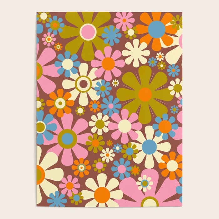 Cheerful Groovy Retro Garden Flowers 60s 70s Floral Pattern Poster